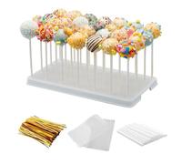 28 Holes Cake Pop Stand for Cake Pops, Lollipop Hold Stand, Cake Pop Display Holder, Candy Pop Holder with 100 Pcs Cake Pop Sticks, 100 Pcs Cake Pop Bags, 100 Pcs Gold Twist Ties (White)