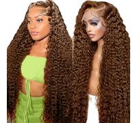 28 Inch Chocolate Brown 13x6 HD Lace Front Human Hair Wigs,Water Wave Human Hair Wig 180 Density Glueless Bleached Knots Colored Curly Wig Pre Plucked With Baby Hair For Black Women