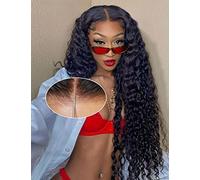 28 Inch Glueless Wigs Human Hair Pre bleached Knots Wear and Go Deep Wave 7X5 No Glue HD Lace Wig, Glueless Wig Pre Plucked, 15 Seconds Wear Complete Lace Pre Cut Wig Natural black 200% Density