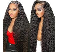 28 Inch Water Wave Human Hair Wig for Black Women,13x4 HD Lace Front Wigs Human Hair,180 Density Glueless Wig Pre Plucked with Baby Hair,Brazilian Real Hair Natural Color Deep Curly Wigs