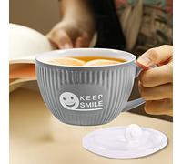 28 Ounce Soup Bowl with Handle, Ceramic Large Soup Mug with Lid, Microwave Safe Big Cup for Quick Instant Noodle or Simple Meals Takeout, Funny Smile Large Cereal Bowl, Grey