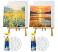28 Pack Canvas with Easel Set, Canva Painting Kit with 2 Wooden Easel, 4 Canvas, 2 Set Drawing Brush, 2 Palettes for Kids Adults Acrylic Painting Artist Art Party