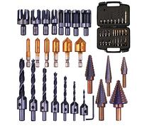 28 Pack Woodworking Chamfer Drilling Tools with a Case, Rocaris Including 6 Countersink, 5 Metric Step Drill Bit, 7 Counter Sinker Drill Bit Set with L-Wrench, 8 Wood Plug Cutter
