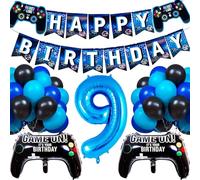 28 Pcs 9th Birthday Decorations with Happy Birthday Banner, 2 Game Controller Balloons, Number 9 Balloon, 24 Blue Black Balloons, Gaming Balloon Banner Set for 9th Birthday Gaming Themed Party