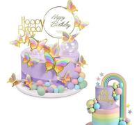 28 Pcs Cake Topper, Happy Birthday Personalised Cake Topper, Mini Balloons Cake Embellishment Sticks Foam Balls,Colorful Balls, Butterflies, Rainbows, for Wedding & Birthday
