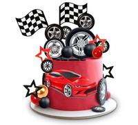 28 PCS Car Cake Topper, Red Racing Birthday Cake Toppers, Paper Birthday Decorations, Checkered Flag All-in-One Party Decor Kit, Themed Cake Decorations for Kids Boys Men Racing Fans
