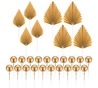 28 Pcs Gold Cake Topper Decorations(8 x Paper Palm Fan Cake Decorations, 20 x Round Ball Cake Insert Decoration), Palm Leaf Cake Toppers, Cupcake Decorations for Birthday Party Wedding Decor