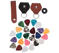 28 Pcs Guitar Pick Set | 3 Thicknesses (0.46mm / 0.71mm / 0.91mm) for Acoustic & Electric Guitar | PU Leather Pick Holder Bag & Secure - Grip Strap