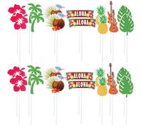 28 PCS Hawaiian Cupcake Toppers, Summer Beach Cupcake Toppers Tropical Cup Cake Topper with Pineapple Coconut Tree Banana Leaf Coconut Cake Topper for Beach Party