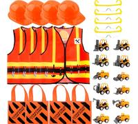 28 Pcs Kids Construction Costume Vest Include 4 Worker Vest 4 Construction Hats 4 Goodie Bag 4 Goggles 12 Construction Truck Toys for Halloween Party Supplies (Color Set 2)