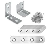 28 Pcs L Bracket and Flat Brackets for Wood, Angle Brackets with Screws, Metal Corner Bracket Connecting Plates for Repairing, Joining, Fixing Furniture, Cabinets, Shelves, Windows
