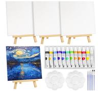 28 Pcs Mini Canvas and Easel Set,Painting Set Includes 20x20cm Primed Canvas, Mini Wooden Easel, Acrylic Paint, Paint Brushes and Palette for Kids Artists Art Party