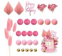 28 Pcs Pink Happy Birthday Cake Topper, Rose Artificial Flower Leaves, Paper Palm Fan Cake Decorations for Birthday Party Wedding Party Decor