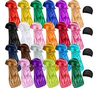 28 Pcs Silky Durags Set Includes 24 Silky Satin Durag for Men Women Wide Straps Durag Caps Long Tail Headwraps with 4 Elastic Black Wave Cap, 24 Colors