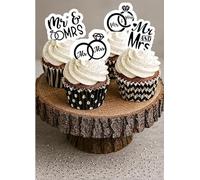 28 x PRE CUT BLACK AND WHITE MR AND MRS WEDDING I DO STAND UP EDIBLE WAFER CARD RICE PAPER CUPCAKE TOPPERS DECORATIONS