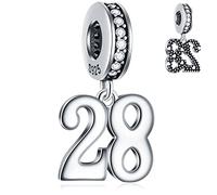 28 Years Birthday Dangle Charms fits Pandora Wedding Bracelet, 925 Sterling Silver 28th Anniversary Pendant Beads with Birthstone CZ, Number 28 Bday Gifts for Bride/Valentines Day/Wife