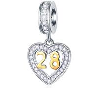 28 Years Old Birthday Charms fit Pandora Charm Bracelet, 18K Golden Number 28 Dangle, 925 Sterling Silver 28th Anniversary Heart Necklace Pendant with CZ, Gifts for Couple/Lover