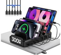 280W USB C Charging Station for Multiple Devices, 8 Port Multi Device Fast Charging Station for MacBook iPhone 15 Phone iPad Tablets Black (6 Mixed Short Cables Included)