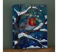 28cm Battery Powered Light up Stained Glass Christmas Decoration with Robin & Warm White LEDs