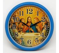 28cm Religious Wall Clock with The Last Supper Design - Silent Non-Ticking Quartz Movement, Round Analogue Clock with Blue Frame - Christian Home Decor for Living Room or Prayer Room