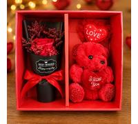 28cm Rose Teddy Bear Flower Bear with Gift Box Birthday Romantic Valentines Gifts for Girlfriend Love Friends Wife Fiancée PE Material with Bow Tie Everlasting Forever Red