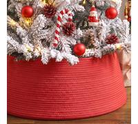 28in Christmas Tree Collar Rustic Holiday Decor Cotton Rope Tree Base Cover | Red Tree Skirt Collar Fits 4-8ft Trees Easy to Set Up Hides Stands and Cords Keeping Tree Bottom Organized and Beauty