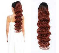 28inch Loose Curly Synthetic Drawstring Ponytail Extension For Women Long Thick Fluffy Ponytail One Piece Clip in Hairpiece (Black Ombre Red)