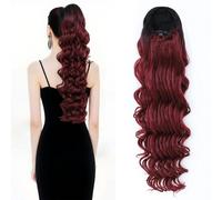 28inch Loose Curly Synthetic Drawstring Ponytail Extension For Women Long Thick Fluffy Ponytail One Piece Clip in Hairpiece (Black Ombre Wine Red)