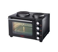 Cooks Professional Mini Portable Oven with Hobs | Energy Efficient Electric Countertop Cooker with Two Hot Plate Hobs & Wire Rack Baking Tray | Kitchen Grill Ovens | 28L Capacity | Black & Silver