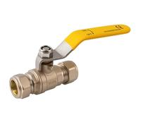 28mm Compression x Compression Lever Ball Valve Gas Approved with Yellow Handle - Full Bore Brass Isolation Valve