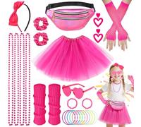 28Pcs 80s Fancy Dress for Girls Kids, 1980s Costume Accessories Set with Tutu Skirt, Headband, Waist Bag, Leg Warmers, Earrings,Retro 80S Kids Dress Up Set,1980s Girls outfit for Retro Theme Parties