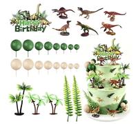 28Pcs Artificial 3D Dinosaur Cake Topper Green Brown Balls Cake Toppers Artificial Coconut Tree Cake Decors for Baby Shower Dinosaur Birthday Cake Decorations Jurassic Park Party Supplies