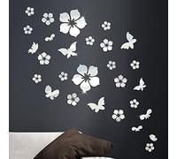 28pcs Butterfly Flower Mirror Wall Stickers Acrylic Wall Art Stickers Silver Mirror Stickers for Living Room Bedroom Bathroom