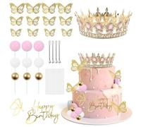 28Pcs Cake Decorations Crown Butterfly Cake Decoration, Cakes Toppers Kit with Queen Crown Golden Butterfly and Ball Decoration, Cakes Decorations for Happy Birthday Wedding Party Anniversary