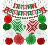 28PCS Christmas Decorations, Christmas Banner Paper Fans Set, Red White Green Pompom Garland Paper Fans Hanging Swirls for Xmas Party Decorations Accessories Indoor Supplies Decor Ugly Sweater Set