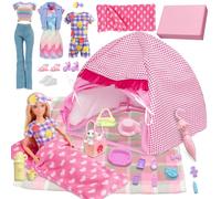 28Pcs Doll Travel Camping Tent Set Compatible with Barbie,11.5 Inch Dolls Accessories with 1 Doll Tent 1 Sleep Bag 3 Clothes 1 Picnic Mat 10 Pet Supplies 5 Travel Goods 1 Pet 1 Bag 1 Eye Mask 3 Shoes