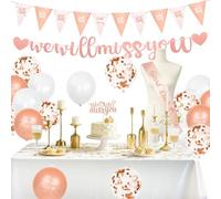 28Pcs Rose Gold Leaving Decorations, We Will Miss You Leaving Banner Good Luck Balloons Triangle Flag Good Luck Sash Cake Topper for Retirement Graduation Farewell Decorations