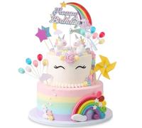 28PCS Unicorn Cake Toppers, Unicorn Rainbow Cloud Party Decorations with Stars Balls, Happy Birthday Cupcake Decor for Birthday Party