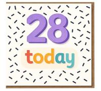 28th Birthday Card - 28 Today - Fun Colourful Sprinkles Design, Bold Purple Numbers with Multicolour Text - Modern Typography Card for Him or Her