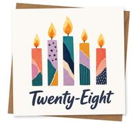 28th Birthday Card, Five Collage Candles, “Twenty-Eight” | Celebrate 28th with five patterned candles in teal, coral and lilac, plus the hand-lettered “Twenty-Eight” on the front.