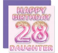 28th Birthday Card for Daughter - Pink & Purple Glitter Balloons - Happy Birthday Cards for 28 Year Old Daughter from Mum Dad Parents, 145mm Bday Greeting Cards Gift