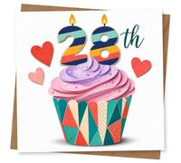 28th Birthday Card for Her, Cupcake, Striped 28 Candles, Hearts | Bright 28th birthday card for her with a colourful cupcake, bold striped number candles and sweet heart details.