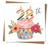28th Birthday Card for Her, Pastel Cupcake, Stripe Candles | Fun 28th for her-pastel cupcake with striped number candles, a colourful geometric case pattern, plus bold florals.