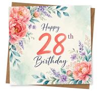 28th Birthday Card for Her, Soft Watercolour Florals & Script | Warm 28th birthday look: elegant script with coral-pink blooms, purple floral sprigs and delicate leafy details.