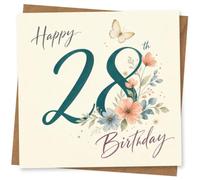 28th Birthday Card for Her, Teal 28, Florals & Butterfly | Soft floral butterfly design for her 28th, with a bold teal age and flowing script lettering for the greeting.