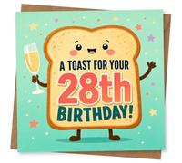 28th Birthday Card for Her, Toast Pun & Star Confetti | Celebrate her 28th with a cheerful toast character and playful party stars around the bold “A TOAST FOR YOUR 28th BIRTHDAY!”