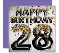 28th Birthday Card for Men - Black & Gold Glitter Balloons - Happy Birthday Cards for 28 Year Old Man Son Brother Uncle Cousin, 145mm Greeting Cards Gift