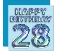 28th Birthday Card for Men - Blue Glitter Party Balloon - Happy Birthday Cards for 28 Year Old Man Brother Son Nephew Uncle, 145mm Greeting Cards Gift
