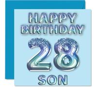 28th Birthday Card for Son - Blue Glitter Party Balloons - Happy Birthday Cards for 28 Year Old Son from Mum Dad Parents, 145mm Bday Greeting Cards Gift