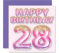28th Birthday Card for Women - Pink & Purple Glitter Balloons - Happy Birthday Cards for 28 Year Old Woman Daughter Sister Auntie Cousin, 145mm Greeting Cards Gift